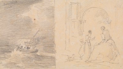 Sketch of a Ship in a Storm and Sketch of a Family Grouping by an Arch by Capt. Thomas Hastings