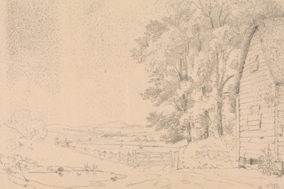 Sketch of a Thatched Roof Building and a River Beyond by Capt. Thomas Hastings