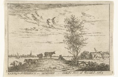 Title Page with River Landscape with Cows, Landschappen (series title) by Carel Frederik Bendorp (I)