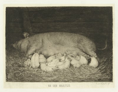 Sow with piglets lying in stable by Carel Lodewijk Dake