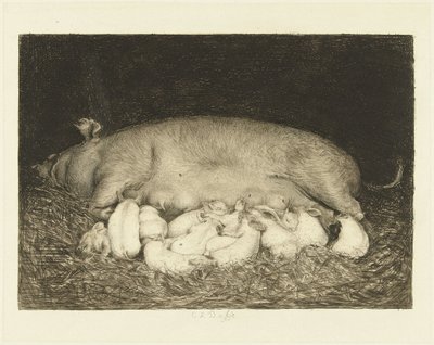 Sow with Piglets Lying in a Stable by Carel Lodewijk Dake