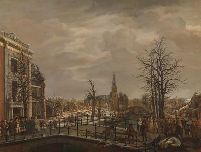 The Rapenburg in Leiden, Three Days after the Explosion of a Powder Ship on 12 January 1807 by Carel Lodewijk Hansen (signed by artist)