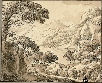 Mountain Lake with Two Figures by Carl August Lebschee