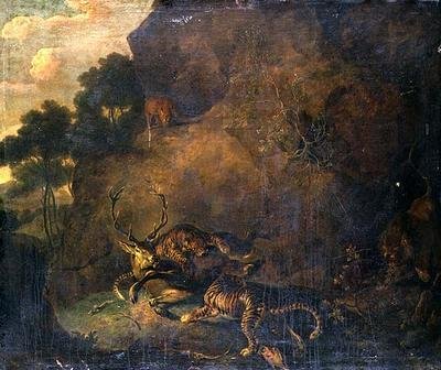 Tigers Attacking a Stag in Rocky Landscape by Carl Borromaus Andreas Ruthart