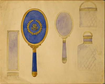 A Selection of Designs from the House of Carl Faberge Including an Oval Hand Mirror, a Smaller Mirror and Two Mounted Bottles by Carl Fabergé