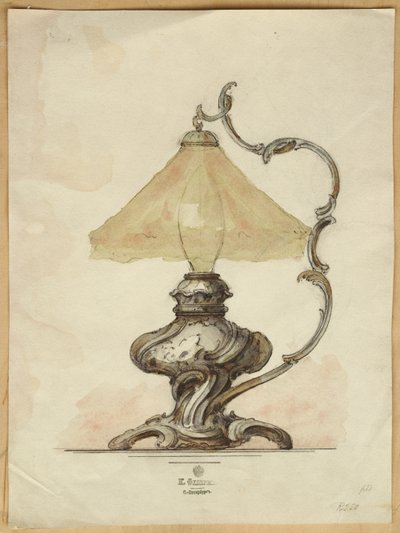 Drawing of a Silver Table Lamp with a Twisted Fluted Body in Rococo Style, House of Carl Faberge by Carl Fabergé