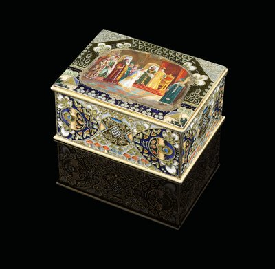 A table box with painted cartouche depicting Tsar Alexei Mikhailovich choosing a bride, c. 1908-1917 by Carl Fabergé