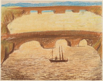 Long Stone Bridges over River with a Ship by Carl Fredrik Hill
