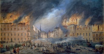 Battle at Sternbarrikade in Jagerzeile on 28th October 1848, Revolution in Vienna, Fire in City by Carl Goebel