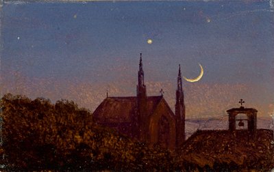 Gothic Church above Tree Tops in Moonlight (Small Moonlit Landscape with Little Church) by Carl Gustav Carus