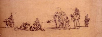 Figures and camels in the desert by Carl Haag