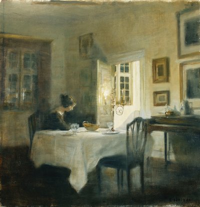A Woman at a Table in a Dining Room by Carl Holsoe