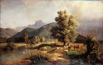 Mountainous Wooded Landscape with Horses and Sheep by Carl Jutz