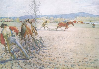 The Two Men with Their Harrows Worked Methodically To and Fro by Carl Larsson