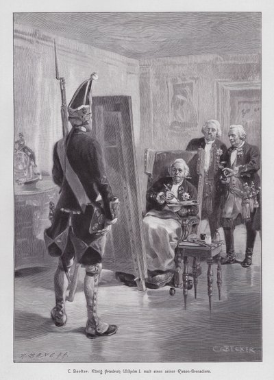 King Frederick William I of Prussia painting a grenadier of his Potsdamer Riesengarde (Giant Guard of Potsdam) by Carl Ludwig Friedrich (after) Becker