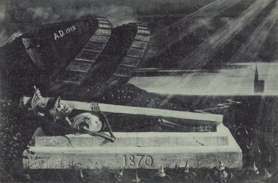 A victorious First World War Allied tank passes by the tomb of a French cavalry soldier from the Franco-Prussian War by Carl Ludwig Friedrich Becker