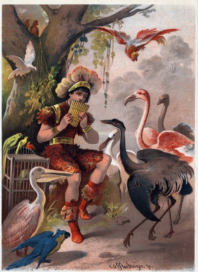 Papageno with a pan flute brings the birds from the forest. Illustration by Carl Offterdinger in The Magic Flute. Private collection by Carl Offterdinger