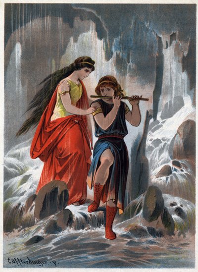 Prince Tamino and Princess Pamina crossed the water trunks that flowed without fear and the prince continued to play the flute. Illustration by Carl Offterdinger in “The Magic Flute” by Carl Offterdinger