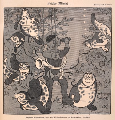 Last resort. A diver with seals; underwater scene by Carl Olof Petersen