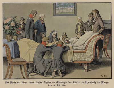 King Frederick William III of Prussia and his two eldest sons beside the deathbed of Queen Louise on the morning of 19 July 1810 by Carl Röchling