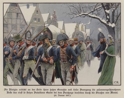 The Remainder of the Prussian Army Marching Past King Frederick William III and Queen Louise Through the Streets of Memel by Carl Röchling