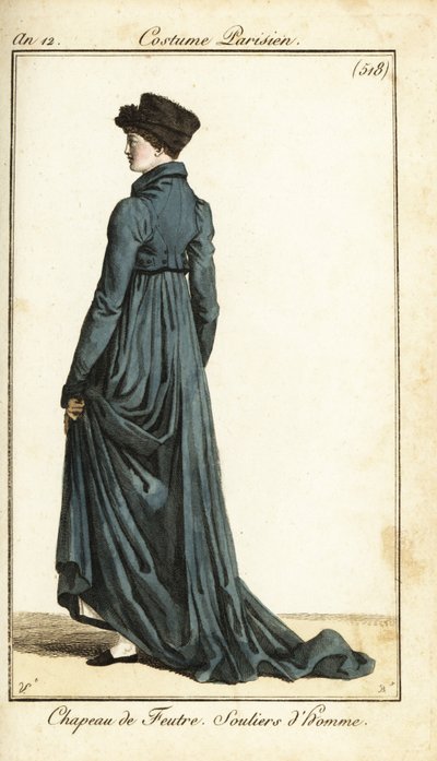 Woman in felt hat, long riding coat, men