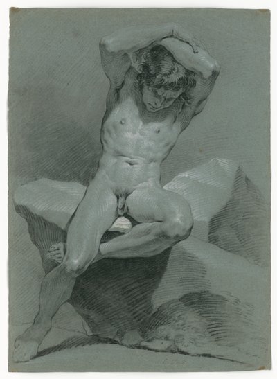 Nude study of a seated man, arms crossed above his head by Carle van Loo