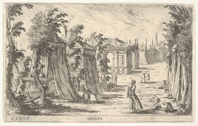 View with a Man in a Turban and a Lion Standing at Right, Tents and Classical Architecture by Carlo Antonio Buffagnotti