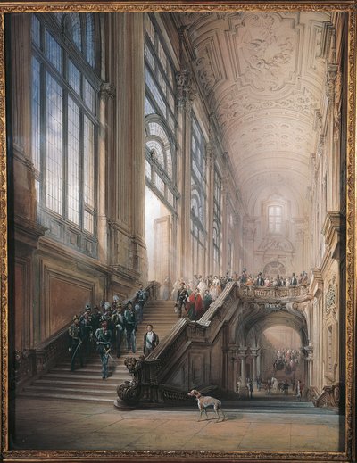 King Victor Emmanuel II, Cavour, Ministers and the Court Going Down Staircase in Senate in Turin, After Opening Speech at Sub-Alpine Parliament by Carlo Bossoli