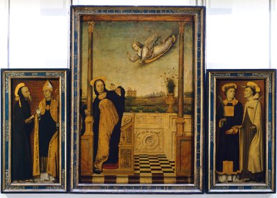 Altarpiece of Annunciation with St Benedict, St Augustine, St Stephen and St Angelo by Carlo Braccesco