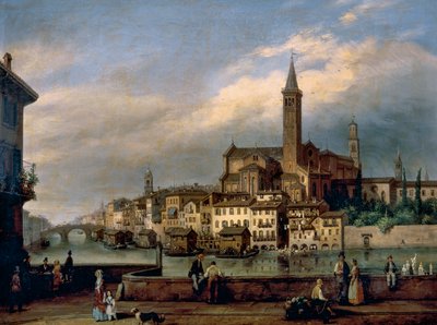 View Along Adige River in Verona, with Church of St Anastasia in Background by Carlo Canella