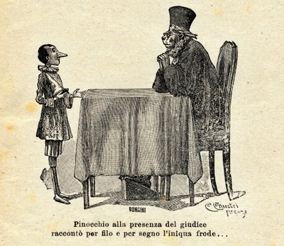 Pinocchio Facing the Judge. Illustration by Carlo Chiostri for the Novel “The Adventures of Pinocchio” by Carlo Lorenzini or Carlo Collodi 1924. by Carlo Chiostri