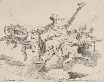 Power, represented by a woman seated on clouds holding a crown and surrounded by putti by Carlo Innocenzo Carloni