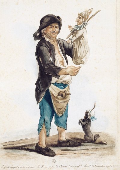 Puppeteer Pierannizzi, drawing and colored engraving by Carlo Lasinio, Italy by Carlo Lasinio