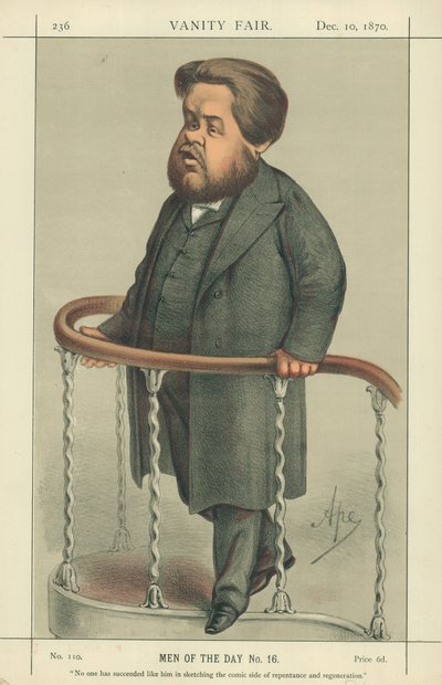 The Rev Charles Spurgeon, Noone has succeeded like him in sketching the comic side of repentance and regeneration, 17 July 1880, Vanity Fair cartoon by Carlo Pellegrini