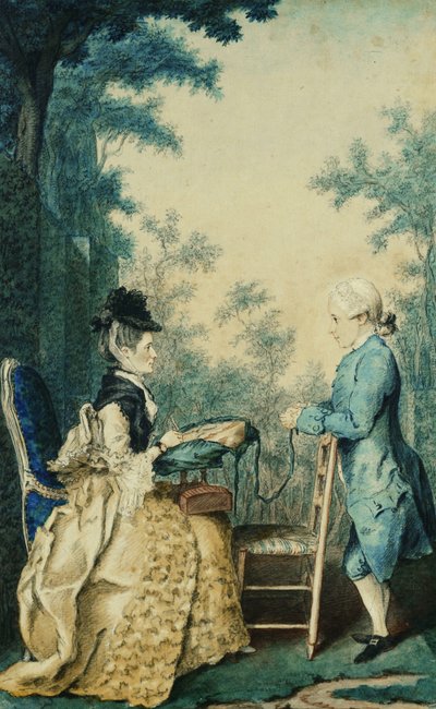 A Lady Seated on a Terrace Embroidering on a Tambour, with a Little Boy Standing in Front of Her by Carmontelle