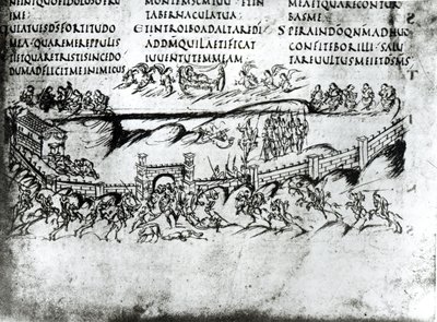 Illustration of various scenes from Psalm 43 including the verse Awake, why sleepest thou, O Lord?, from the Utrecht Psalter, copy of the original from Reims now in Utrecht University Library by Carolingian School