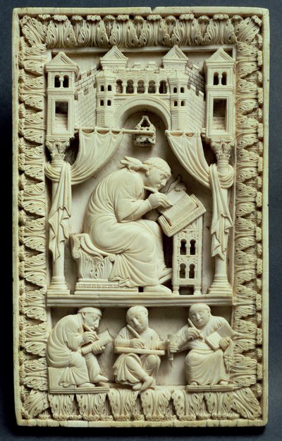 St. Gregory writing with scribes below, Franco-German School, c.850-875 by Carolingian School