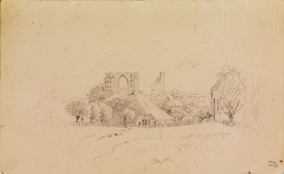 Eldena Abbey Ruins, with a Thatched House and a Small Body of Water by Caspar David Friedrich