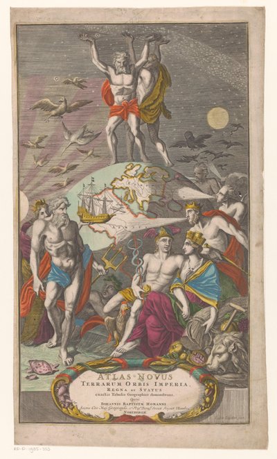 Atlas and Hercules Carrying the Celestial Sphere (Title page for Johann Baptista Homan, Atlas Novus Terrarum Orbis Imperia, Regna et Status exactis Tabulis Geographicè demonstrans, 1710) by Caspar Luyken