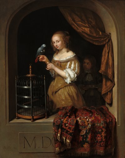 A Woman Feeding a Parrot, with a Page by Caspar Netscher