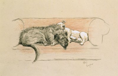 Wolfhound and Bull Terrier Asleep on a Sofa by Cecil Charles Windsor Aldin