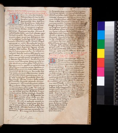 Ms 148. Gregory the Great, Dialogi in Italian transl. by Domenico Cavalca, f.1r Decorated letters [P] and [D] in red with pen-work decoration in blue by Central Italian School