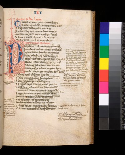 Ms 325. Lucan, Bellum Civile, and other works, f.35r. Parted Initial [P] in red and blue with contrasting pen flourishing, c.1353 (parchment) by Central Italian School