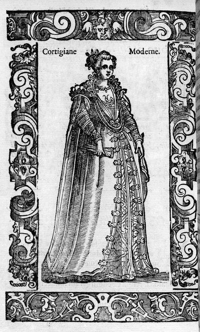 Renaissance: a Roman Courtesan in the 16th Century. Engraving from 