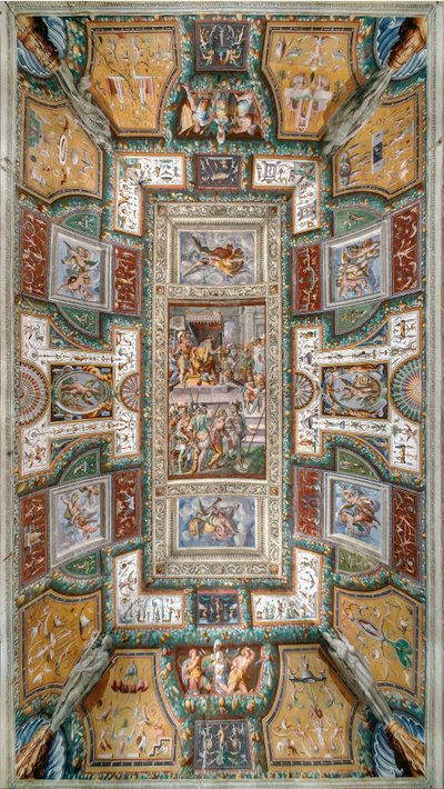 Pier Maria Rossi having the honor of the Order of Saint Michael, View of ceiling of the Sala delle Gesta Rossiane, Rocca dei Rossi, San Secondo, Parma, Italy, c.1570 by Cesare and Jacopo Bertoia and others Baglione