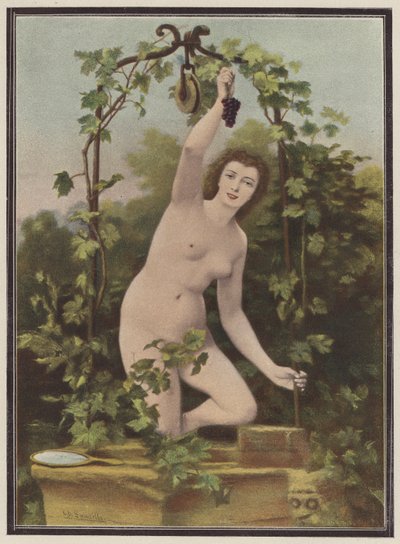 Woman picking grapes from a vine by Charles (after) Landelle