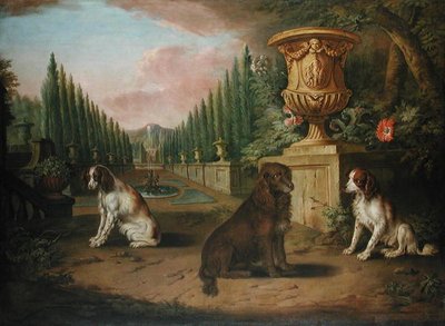 Three Spaniels in a formal garden, c.1730 by Charles (and Studio) Collins