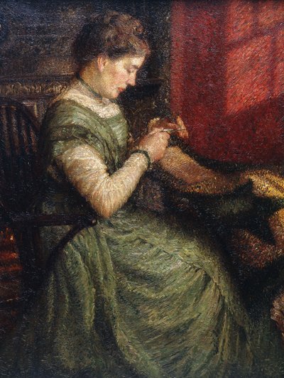 Portrait of a Lady Seated in an Armchair Sewing by Charles A. Sheehan