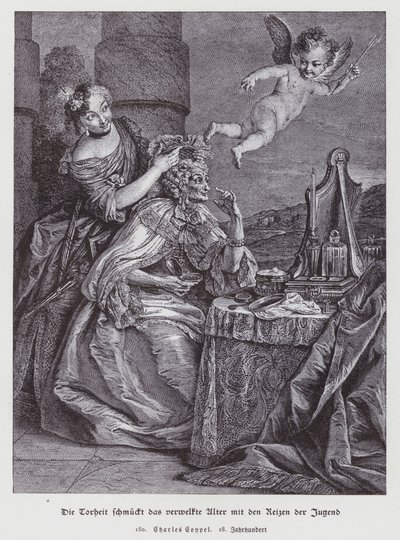 Folly Embellishes Withered Old Age with the Adornments of Youth by Charles Antoine (after) Coypel